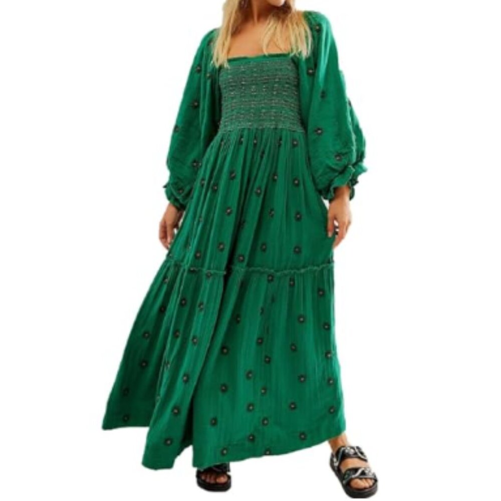 Fall Floral Embroidered Boho Maxi Dress – Long Puff Sleeve